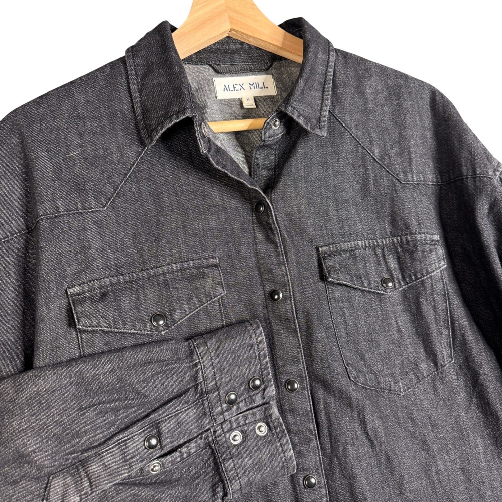 Alex Mill Womens Denim Western Shirt Black wash Snap Front Small Long Sleeve